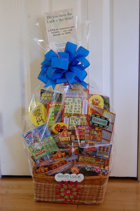 Lottery gift basket.  Probably spent $25 on lottery tickets - but how much fun is it to rub off and possibly WIN big! Lottery Ticket Bouquet, Silent Auction Gift Basket Ideas, Lottery Ticket Gift, Gift Basket Ideas For Women, Auction Gift Basket Ideas, Fundraiser Baskets, Theme Baskets, Auction Basket, Christmas Gift Baskets Diy