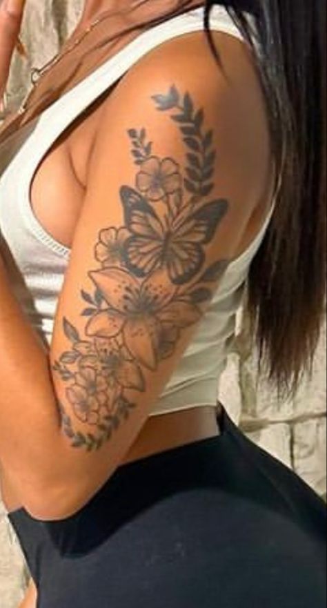 Low Arm Tattoo Women, Outside Of Arm Tattoo Women, Women’s Upper Arm Tattoo, Half Arm Sleeve Tattoo For Women, Upper Arm Tattoos Black Women, Front Arm Tattoo Woman, Butterfly Tattoo Sleeve, Upper Arm Tattoos For Women, Half Sleeve Tattoos For Women