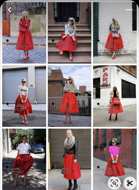 Red Tulle Skirt Outfit Casual, Midi Red Dress Outfit Classy, Red Full Skirt Outfit, Red A Line Skirt Outfit, Maxi Red Skirt Outfit, Styling Red Skirt, Red Skirt Outfit Summer, Red Silk Skirt Outfit, Red Skirt Outfit Ideas