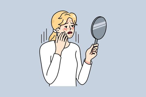 Distressed woman look in mirror worry about acne problems. Unhappy girl stress about pimples, having skincare troubles. Skin healthcare and dermatology. Vector illustration. Acne Illustration, Look In Mirror, Big Pimple, Acne Problem, Poster Ideas, Dermatology, Learn To Draw, Girl Drawing, Anatomy