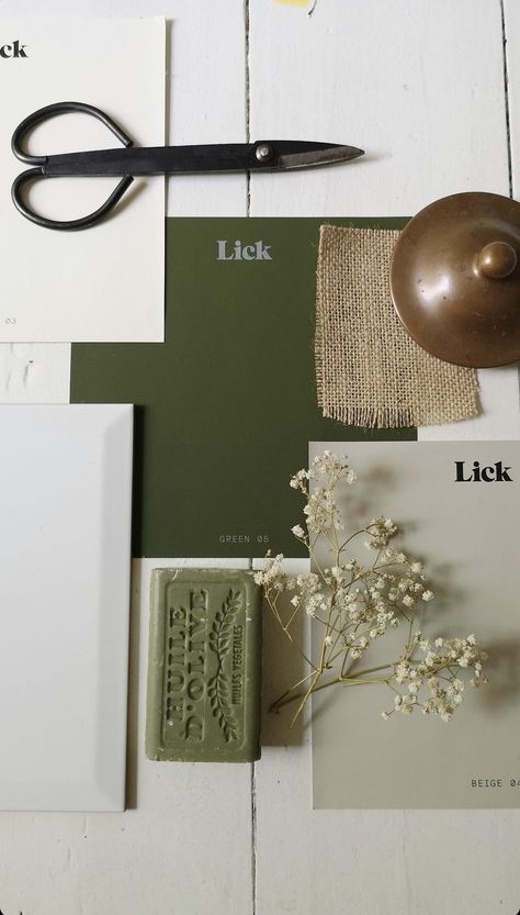 Olive Decor, Green Branding, Materials Board Interior Design, Crafting Corner, Mood Board Interior, Oil Painting Inspiration, Hex Color Palette, Material Board, Interior Decorating Styles