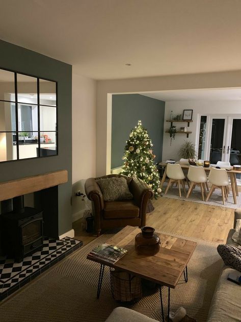 Open Plan Cosy Living Room, Open Plan Living And Dining Decor, Lounge / Dining Room Ideas, Lounge Into Dining Room, Open Plan Sitting And Dining Room, Open Plan Christmas Decor, Living Room Diner Decor, Dining Room With Log Burner, Living Diner Room Ideas