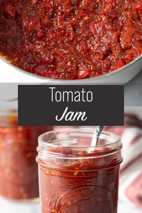 Canned Tomato Jam Recipe, Tomato Jelly, Red Onion Jam, Tomato Jam Recipe, Savory Jam, Make Jam, Strawberry Rhubarb Jam, Tomato Dishes, Delicious Appetizers