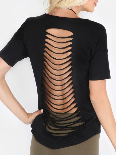 Black Ripped Short Sleeve T-shirt #fashion #blackshirt #cutout #ripped Diy Cutout Shirt, Black Ripped Shorts, Easy Diy Fashion, Cut Up T Shirt, Cut Shirt Designs, Diy Cut Shirts, Cutout Shirts, Cut Tee Shirts, Cut Up Shirts