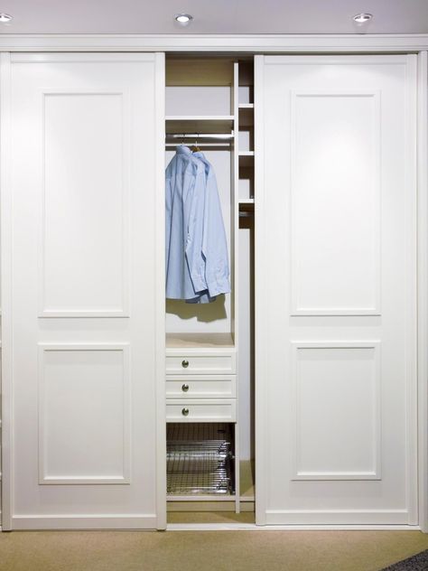 HGTV: Expert tips on sliding closet door designs plus inspiring pictures, ideas and options for sliding closet doors. Bedroom Closet Doors Sliding, Closet Door Alternative, Bedroom Closet Doors, Closet Door Handles, Trendy Door, Entryway Closet, White Closet, Bifold Closet Doors, Open Closet