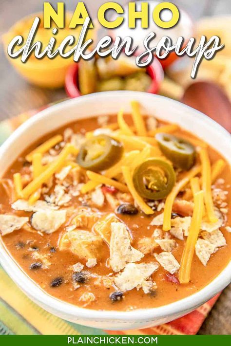 Nacho Chicken Soup - SO good and ready to eat in about 20 minutes. Use a rotisserie chicken for easy prep! Chicken, taco seasoning, nacho cheese soup, milk, black beans and diced tomatoes and green chiles. Top soup with your favorite taco toppings. We ate this twice in one week! SO good!!! #soup #chicken #mexican Nacho Cheese Recipes, Nacho Cheese Soup Recipe, Nacho Cheese Soup, Nacho Chicken, Nachos Cheese Recipe, Chicken Mexican, Crockpot Soups, Taco Toppings, Chicken Taco Seasoning