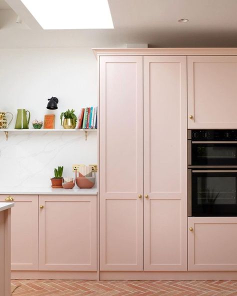 Pink Shaker Kitchen, Blush Pink Kitchen, Blush Kitchen, Cabinet Colours, Shaker Kitchen, Kitchen Cabinet Colors, Terracotta Tiles, Pink Kitchen, South London