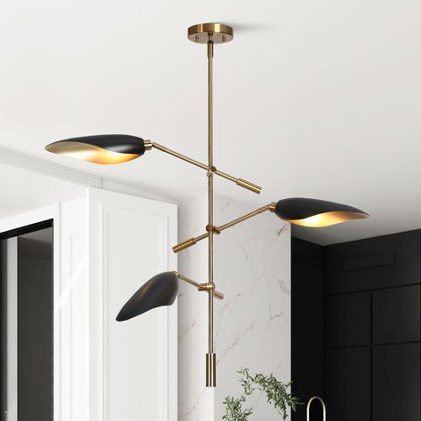 3-Light Unique Modern Black Gold Chandelier Metal Island Pendant Light for Dining Room - D 33.8" x H 23.2" - Bed Bath & Beyond - 37455604 Black And Brass Chandelier, Modern Linear Chandelier, Mid Century Modern Chandelier, Chandelier Chain, Chandelier Metal, Island Pendant Lights, Branch Design, Traditional Chandelier, Gold Chandelier