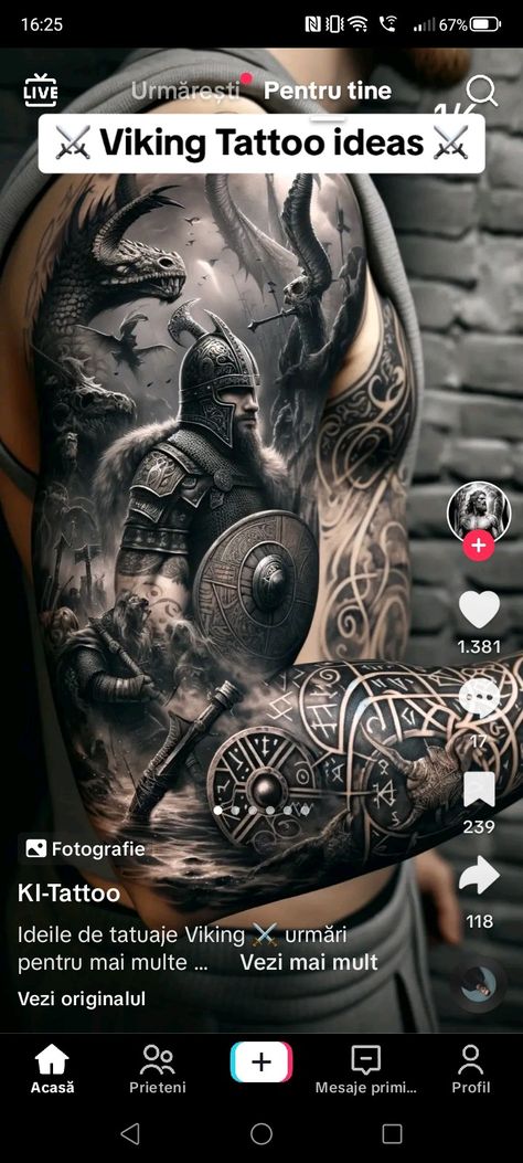 Viking Arm Tattoo, Viking Sleeve Tattoo For Men, Nordic Tattoo Sleeve, Viking Warrior Tattoos, Viking Tattoo Sleeve, Rune Tattoo, Full Back Tattoos, Cool Arm Tattoos, Upper Arm Tattoos