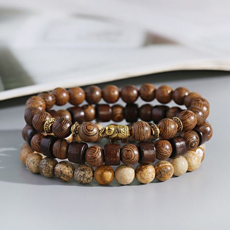 Natural Wooden Beaded Bracelets Set Jewelry Gifts For Men Women https://whispers-in-the-wind.com/discover-the-latest-mens-accessory-trends-for-2024/?crown-charm-bracelet-for-women-and-men-couple-stone-bead-bangles-gift-jewelry Cool Bracelets For Guys To Make, Bead Men Bracelet, Cheap Wooden Bead Bracelets For Gifts, Men Jewelry Boho, Mens Bracelet Set, Prayer Jewelry, Wooden Beaded Bracelets, Turquoise Bead Bracelet, Wood Bracelet