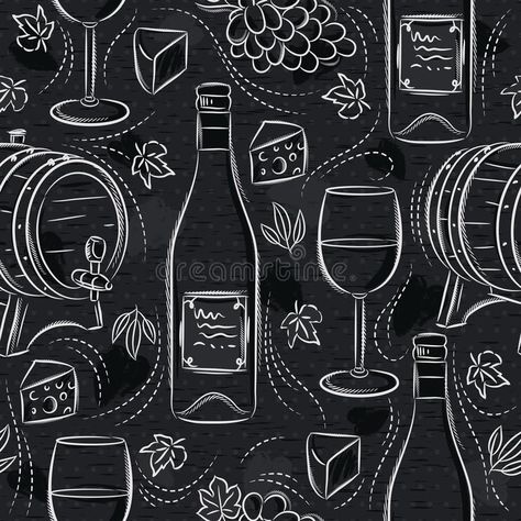 Seamless Patterns with White Wine Set, Cask, Wineglass, Barrel, Grape and Cheese on Black Chalkboard. Ideal for Printing Onto Stock Vector - Illustration of design, blackboard: 148983992 Wine Chalkboard Ideas, Winery Chalkboard Art, Wine Chalkboard Art, Chalkboard Design Ideas, Wine Chalkboard, Bar Wall Design, Blackboard Illustration, Chalkboard Art Ideas, Blackboard Design