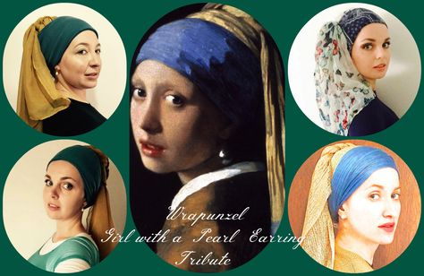 Oh oh oh “Why hasn’t this been done before?!”  You may ask.  I think I have a feeling why; it’s because we were waiting for Pearl to help us make Vermeer’s painting co… Vermeer Paintings, Fancy Tie, Girl With Pearl Earring, Girl With A Pearl Earring, Beautiful Video, Lace Earrings, Halloween Costumes Makeup, Hair Wraps, Earring Tutorial