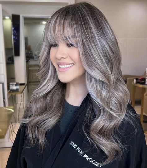 Micro Highlights On Dark Hair, Two Toned Hair Color Ideas, Two Toned Hair Color, Dark Silver Hair, Balayage Hair Brunette With Blonde, Silver Hair Color Ideas, Ash Blonde Hair Balayage, Hair Dyer, Hair Color Ideas For Dark Hair