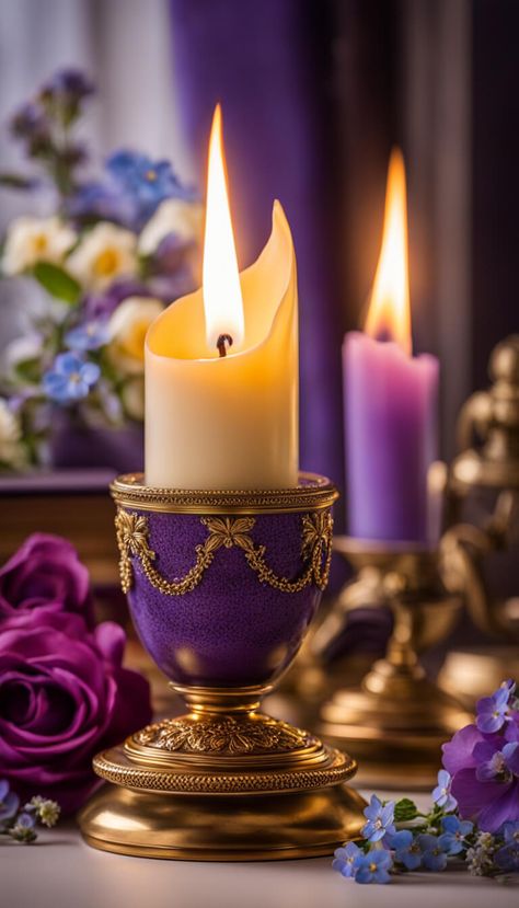 Decoration - Candle in a lilac candlestick - AI creation Candle Light Photography, Family Dinner Table, Night Pics, Happy New Year Pictures, New Year Pictures, Table Art, Candle Light, Good Morning Happy, Beautiful Candles