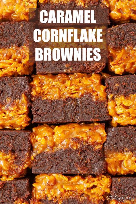 Caramel cornflake brownies are an incredibly indulgent and entirely different way to take your brownie habit. These fudgy brownies come topped with a lyare of chewy cornflakes wrapped up in sticky caramel. Sheer heaven. Caramel Crunch Brownies, Brownie Cornflake, Caramel Cornflake Brownies, Cornflake Brownies, Cornflake Slice, Caramel Cornflakes, Caramel Filled Brownies, Cornflake Recipes, Matcha Brownies