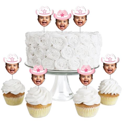 PRICES MAY VARY. Pink First Rodeo Fun Face Treat Picks includes 24 clear treat picks, 24 face cutouts of ONE custom photo on 2 different cowboy hat designs, and stickers for easy assembly. These DIY Western Birthday dessert cupcake toppers are perfect for your Cowgirl 1st Birthday Party. Custom Party Favor: Fun Face cupcake topper photo cutout maximum SIZE 2 inches wide x 2.75 inches tall. Simply click "customize now" to upload your photo. PHOTO DISCLAIMER: When you are choosing your photo, only upload one that you have the rights to reprint. If you are unsure, contact your photographer for a photo release. Photo Tips: Your custom face final product will look best if you follow these tips. 1: Upload ONE high-resolution, forward-facing photo with a minimum of 150 dpi. 2: Unedited, original Cowgirl 1st Birthday Party, Cowgirl 1st Birthday, Cowboy Hat Design, Cowgirl Photo, Cowgirl Pictures, Photo Cutout, Birthday Party Desserts, Western Birthday, Rodeo Cowgirl