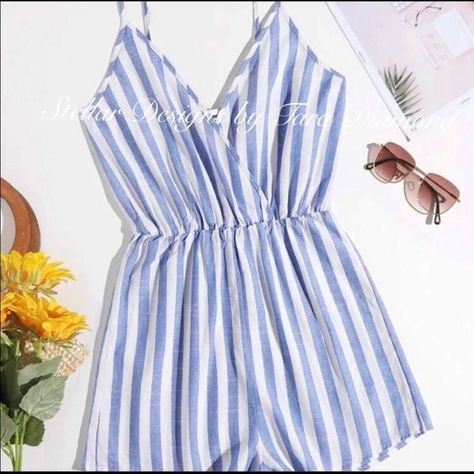 Nwt Size: 1 Medium, 1 Large Available Color: Blue And White - Linen Type Feel - Spaghetti Strap - Overlapping V-Neckline - Cinched Waist For Figure Flattering Look Looks Shorts, Tube Top Jumpsuit, Tube Romper, Cami Romper, Teen Outfits, Wide Leg Romper, Halter Romper, Blue And White Style, Cute Rompers