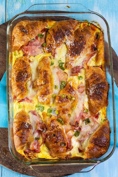 Stuffed Ham and Cheese Croissant Casserole recipe Ham And Cheese Croissant Casserole, Brunch Savory, Croissant Casserole, Ham And Cheese Casserole, Savoury Bread, Delicious Breakfast Casserole, Ham And Cheese Croissant, Ham Breakfast, Bakers Table