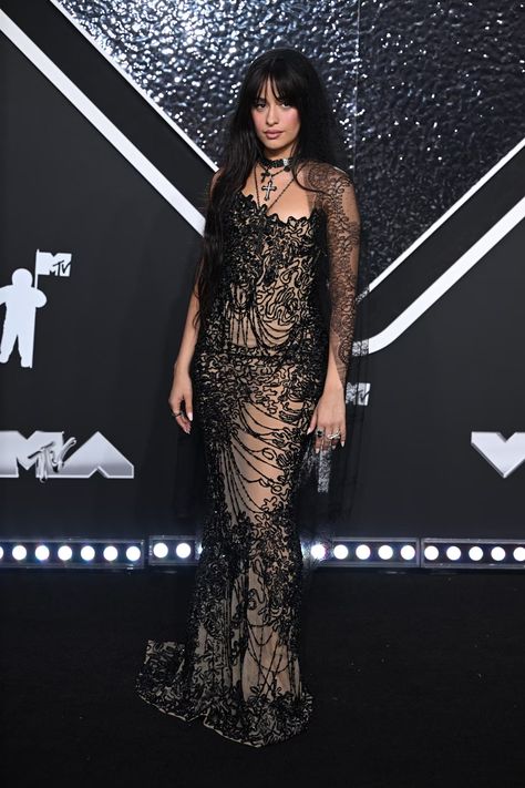 Camila Cabello's Sheer Lacy Little Black Dress Served Witchcore Lace Black Dress, Goth Chic, Herve Leger Dress, Cross Necklaces, Black Carpet, Celebrity Beauty, Black Veil, Lace Dress Black, Crafts For Girls