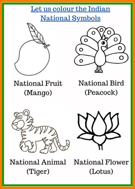 National Symbols Drawing For Kids, Independence Day Colouring Pages India, National Animal Of India Drawing, India Symbols Art, Republic Day Colouring Sheet For Kids, Indian National Symbols Drawing, India National Symbol, National Symbols Of India For Kids Craft, India Activities Preschool