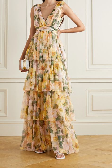 summer wedding guest dress floral maxi Chiffon Dress Pattern, Floral Print Chiffon Maxi Dress, Chiffon Dress Long, Silk Chiffon Dress, Tiered Skirts, Dolce Gabbana Dress, Maxi Robes, Chiffon Maxi, Chiffon Maxi Dress