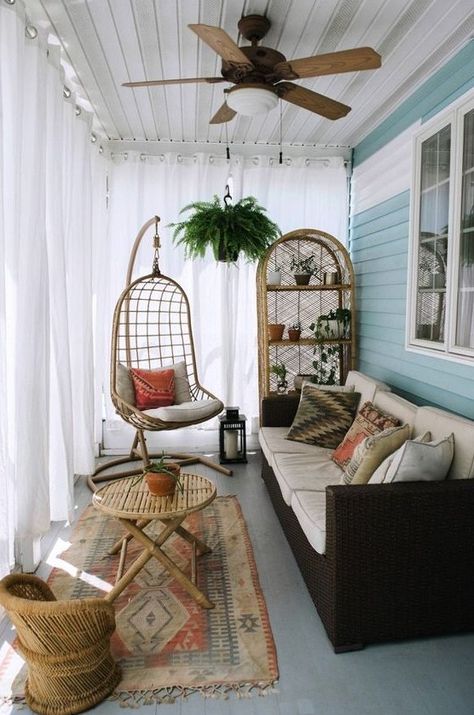 Balcony Hammock, Boho Sunroom, Small Patio Ideas On A Budget, Dark Sofa, Winter Balcony, Small Sunroom, Winter Gardens, Sunroom Decorating, Curtains Ideas