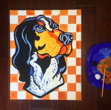 Painted Smokey with orange checkerboard background on a canvas #govols #utk #tennessee #vols Tennessee Vols Painting, Tennessee Painting, Checkerboard Background, Go Vols, Tennessee Vols, Painting Canvases, Canvas Painting Designs, Canvas Ideas, Painting Designs