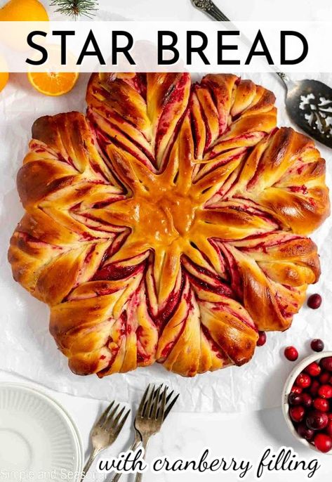 This beautiful Star Bread looks gorgeous on the holiday table. The soft dough is layered with tart homemade cranberry filling. Cranberry Filling, Star Bread, Cranberry Bread, Recipe Community, Cranberry Orange, Most Popular Recipes, Seasonal Recipes, Christmas Goodies, Sharing Board