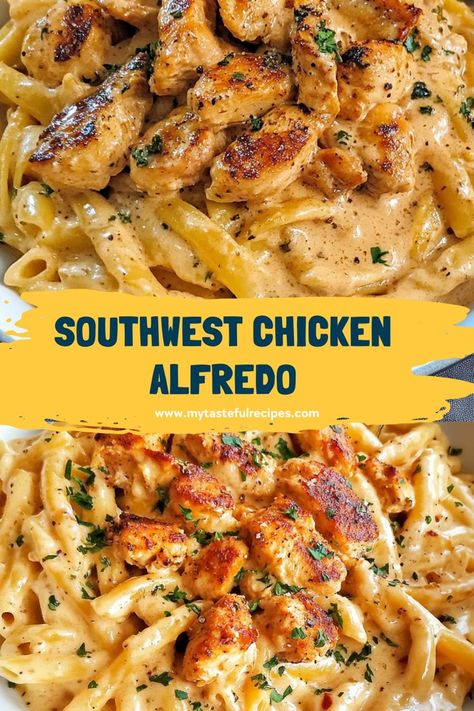 Creamy Alfredo pasta with a spicy, southwest flair! This Southwest Chicken Alfredo recipe is packed with tender chicken, smoky spices, and a rich, creamy sauce that’s irresistible. Veggie Chicken Alfredo Pasta, Southwestern Chicken Alfredo, Creamy Southwest Chicken Alfredo, Southwest Alfredo Pasta, Mexican Chicken Alfredo Crockpot, Creamy Cajun Chicken And Sausage Alfredo Pasta, Southwest Chicken Alfredo Pasta, Creamy Protein Pasta, Alfredo With Peppers