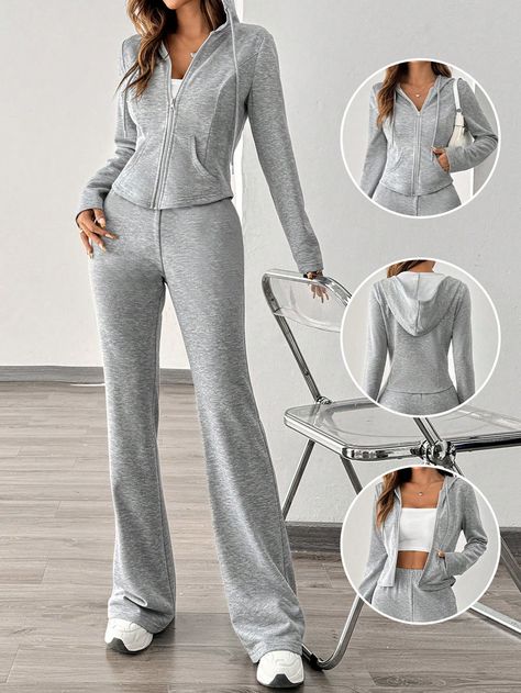 Fashionable Casual Sports Set For Women, 2pcs: Hoodie Jacket And Flared Leg Pants, Autumn Grey Casual    Plain  Slight Stretch  Women Clothing, size features are:Bust: ,Length: ,Sleeve Length: Tie Waist Pants, Hyun Woo, Hoodie Set, Casual Sportswear, Long Sleeve Tops Casual, Clothing Patches, Drawstring Hoodie, Sportswear Women, Moda Casual