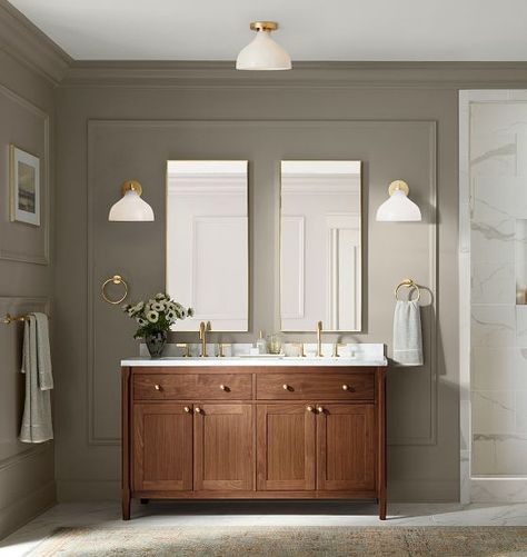 Semi Flush Mount Lighting Flush Mounts | Rejuvenation Dark Stained Wood Bathroom Vanity, Cottage Bathroom Double Vanity, Wall To Wall Bathroom Vanity, Bathrooms Double Vanity, Bathroom With Walnut Vanity, Earth Tone Small Bathroom, 60” Double Vanity, Bathroom Dark Vanity, Brown Vanity Bathroom Ideas