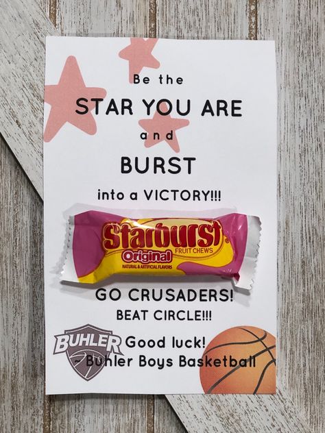 Good luck goodie bag ideas using Starburst candy Basketball Goodie Bag Ideas, Good Luck Goodie Bags, Team Goodie Bag Ideas, Competition Treats Good Luck, Cheer Treats Good Luck, Team Candy Sayings, Hockey Tryouts, Good Luck Candy Sayings For Sports, Starburst Sayings Candy