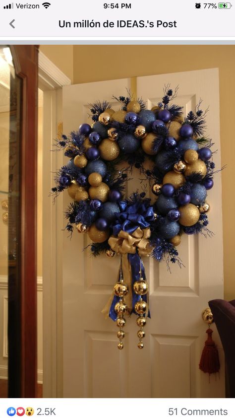 Christmas Door Decoration Ideas, Blue And Gold Christmas, Door Decoration Ideas, Blue Christmas Tree Decorations, Christmas Door Decoration, Blue Christmas Decor, Silver Christmas Decorations, Christmas Tree Decorating Themes, Blue Christmas Tree