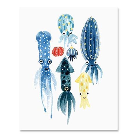 Sea Creatures Drawing, Octopus Art Print, Little Creatures, Landscape Wall Decor, Octopus Art, Soyut Sanat Tabloları, Creature Drawings, Sea Art, Watercolor Walls