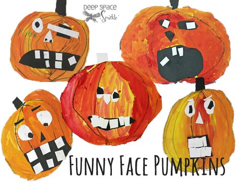 Kindergarten--painted pumpkins with collage faces.  Idea:  use large loop of string for students to create pumpkin shape.  Then trace around it. Pumpkin Art Project, Pumpkin Lessons, Kindergarten Art Lessons, Halloween Art Projects, Preschool Art Projects, Deep Space Sparkle, Pumpkin Craft, Kindergarten Art Projects, Fall Art Projects