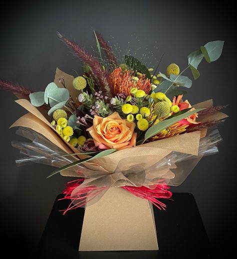 Hand tied autumnal bouquet wrapped as an aqua pack. Autumnal Bouquet, Hand Tied Bouquet, Bouquet Wrap, Floral Bouquets, Bouquets, Flowers, Floral