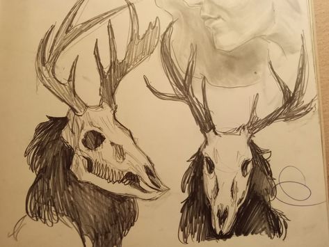 Some drawings I did of wendigos in my sketchbook How To Draw A Wendigo, Antler Design Drawing, Creepy Woods Drawing, Wendigo Head Drawing, Wendigo Skull Drawing, Wendigo Tattoo Ideas, Wendigo Drawing Reference, Bog Drawings, Bird Art Reference