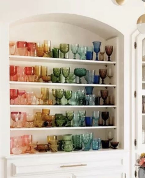 Colored Glass Collection, Coloured Glass Display, Colored Glass Decor, Colored Glassware Display, Rainbow Shelves, Wine Glass Display, Glassware Display, Glass Display Shelves, Glass Cupboard