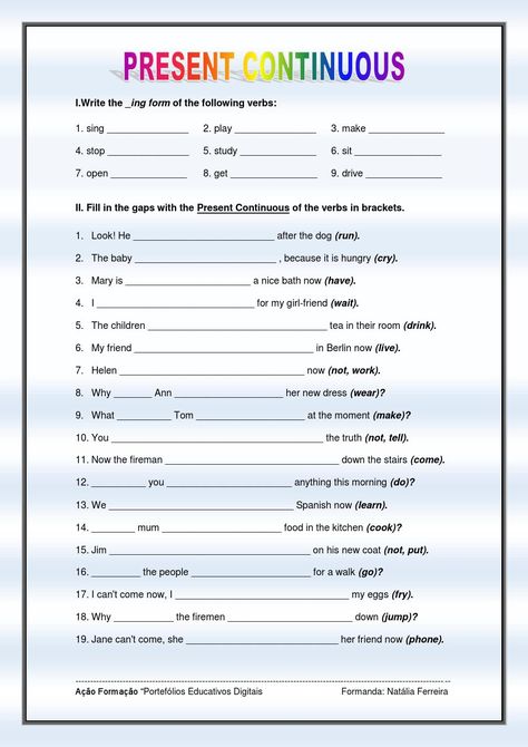 Present continuous exercises Present Continues Worksheets, Pronouns Exercises, Present Continuous Worksheet, English Language Learning Activities, English Grammar Exercises, Present Continuous Tense, Present Continuous, Grammar For Kids, Grammar Exercises