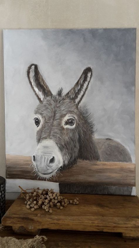 Donkey Acrylic Painting, Donkey Drawing Sketches, Donkey Paintings On Canvas, Painted Donkey, Donkey Painting, Donkey Drawing, Goat Paintings, Barn Wood Art, Painting On Pallet Wood