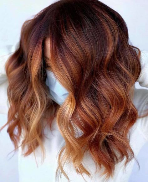 Deep Red With Copper Highlights, Hair Color Ideas For Brunettes Honey, Dark To Light Copper Balayage, Mahogany And Copper Balayage, Ginger Snap Balayage, Shadow Root Red Brown, Copper Hair With Auburn Lowlights, Natural Red Hair With Dark Roots, Shadow Root Auburn Hair