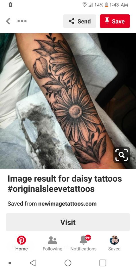 Daisy Tattoo Black And White, Gerbera Daisy Tattoo, Black Sleeve Tattoo, Tattoo Black And White, Hunting Tattoos, Sunflowers And Daisies, Daisy Tattoo, Arm Sleeve Tattoos, School Technology