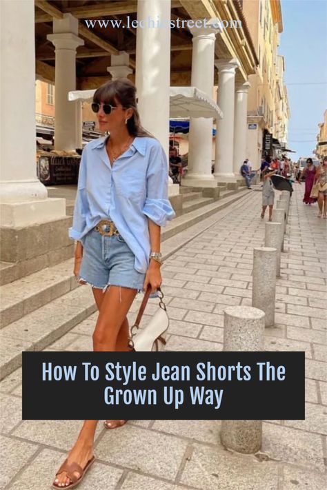 How To Style Jean Shorts The Grown Up Way. Jean shorts outfit are a summer fashion staple, but there are stylish ways to style denim shorts outfit. Find inspo for denim short outfit for summer style or spring style. Jeaned shorts outfit are part of summer outfits for the ultimate summer fashion denim shorts outfit summer look. Find inspo for jeaned shorts outfit for this summer or spring. #jeanshortsoutfit #jeansshortsoutfit #denimshortoutfit #denimshortsoutfitssummer #summerstyle Above The Knee Shorts Outfit Women, Elegant Denim Shorts Outfit, Loose Denim Shorts Outfit, Classy Jean Shorts Outfit, Longer Jean Shorts Outfit, Shorts Heels Outfit, High Waisted Jean Shorts Outfit, Shorts And Sandals Outfit, How To Style Denim Shorts