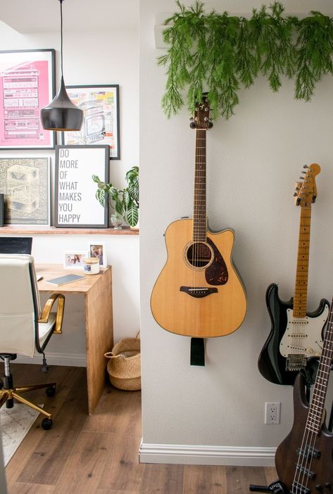 A Home Office Design Built for a Creative - Priya Creates Office Music Room, Music Room Office, Creative Office Design, Cheap Office Furniture, Home Music Rooms, Guitar Room, Music Room Decor, Guitar Wall, Room Deco