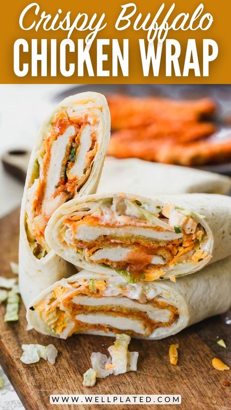 This Buffalo chicken wrap recipe is ready in 15 minutes! Crispy chicken tenders brushed with tangy Buffalo sauce, tucked into tortillas with creamy ranch, cheese and lettuce. Buffalo Chicken Tender Wraps, Buffalo Crispy Chicken Wraps, Crispy Bbq Chicken Wraps, Chicken Tender Tortilla Wrap, Chicken Finger Wrap, Chicken Nugget Wrap Recipe, Buffalo Wraps Chicken, Sides To Go With Chicken Wraps, Crispy Chicken Wrap Recipes