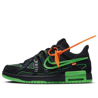 The Nike Air Rubber Dunk x OFF-WHITE "Green Strike" is a reconstructed take on the classic Nike silhouette. It features a layered upper of the P-6000 runner and has mostly black palette with vibrant green accents. The Swoosh and branding are outlined in green, as well as the tongue tag which says "Nike Off." The eye-catching hue is repeated on the sneaker's tooling and frames a visible Air sole unit. (SNKR/Skate/Unisex/Low Top/Crossover) Green Strike Dunks, Off White Dunks Outfits, Uk Swag, Nike Silhouette, Green Dunks, Dunk Outfits, Off White Dunks, Off White Dunk, Nike Shox Shoes