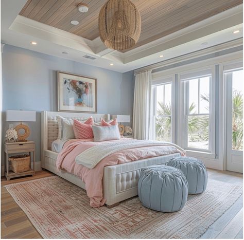 Master Bedrooms Light Blue, Blue Room With Pink Accents, Beach Theme Master Bed, Peach Coastal Bedroom, Blue Bedroom Teenage Girl, Large Guest Bedroom Ideas, Girls Room Blue Walls, Blue And Pink Coastal Bedroom, Bedroom Ideas Large Room