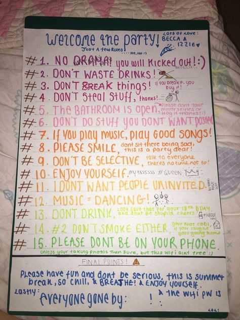 Rules For Sleepover, House Party Rules Poster, Games 18th Birthday, Party Rules Sign, 16 House Party Ideas, House Party Decorations College, Party Rules Poster Funny, Fun House Party Ideas, Summer Birthday Party Ideas For Teens