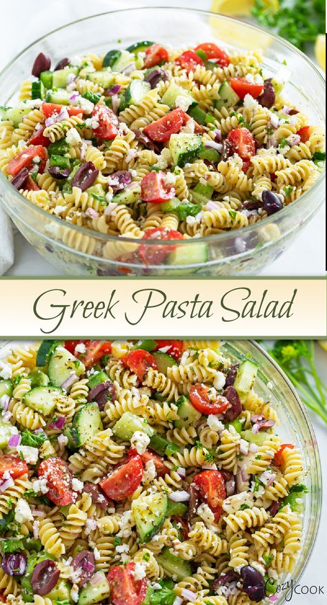 greek pasta salad with a mix of vegetables in a bowl Greek Summer Salad, Pasta Salad With Roasted Vegetables, Pasta Salad Summer Cold, Greek Salad With Pasta, Summer Veggie Pasta Salad, Side Salads For Bbq Summer Potluck, Party Side Dishes Cold, Pasta Salad Picnic, Lunch Pasta Salad Recipes