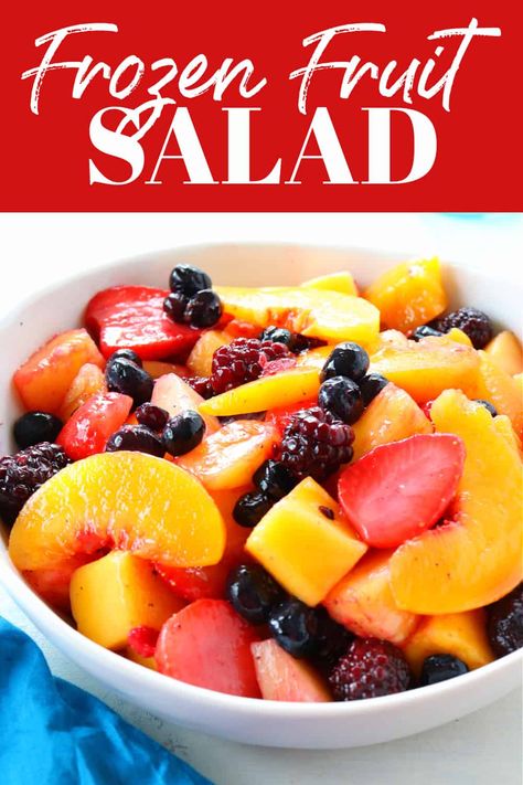 This Fruit Salad is made with frozen berries, peaches, pineapple and mango and drizzled with honey lemon dressing! Great way to cool off during summer and delicious treat with frozen fruit to enjoy during the rest of the year. #fruit #salad Frozen Fruit Salad, Frozen Fruit Salads, Frozen Strawberry Recipes, Frozen Fruit Recipes, Berry Fruit Salad, Fruit Salad Recipe, Berry Fruit, Fruit Salad Recipes, Summer Salad Recipes